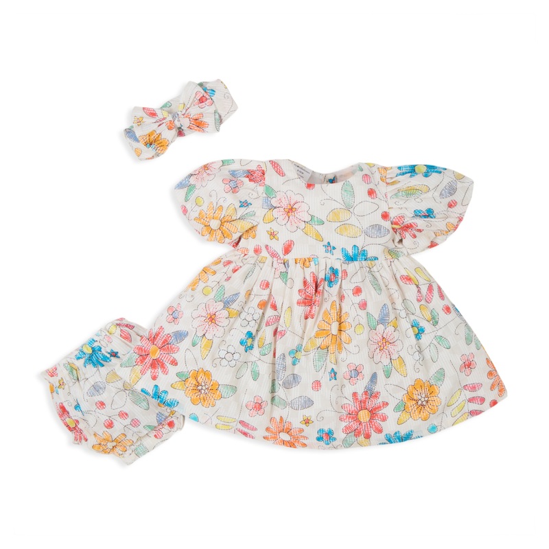 Floral Printed Puff Sleeves Dress With Bloomers & Hairband – Off White