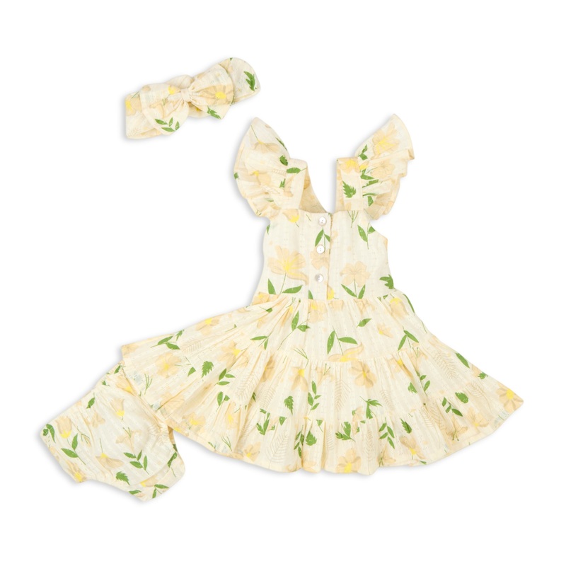 Floral Printed Rah-Rah Dress With Bloomer & Hairband – Light Yellow