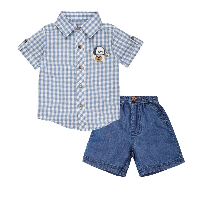 Gingham Checks Shirt With Denim Shorts & Bear Applique – Blue