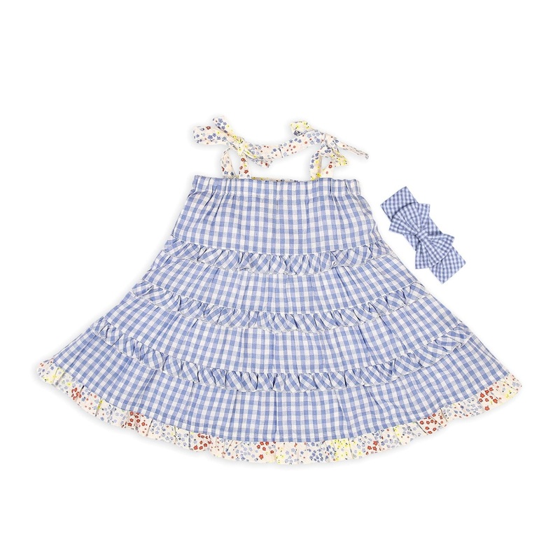 Gingham Tiered Dress With Hairband – Blue