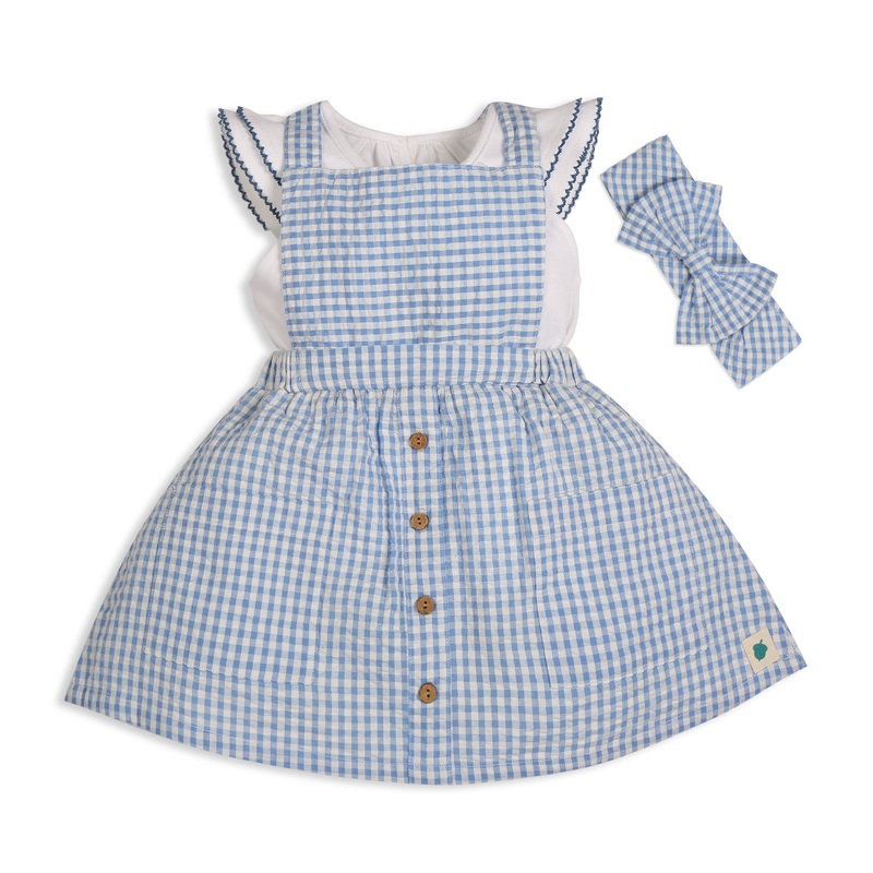 Meadow 100% Cotton Gingham Seersucker Dungaree with Knit Embroidered Tee & Peako Detail, Matching Hairband 3 PC Set – Blue & White