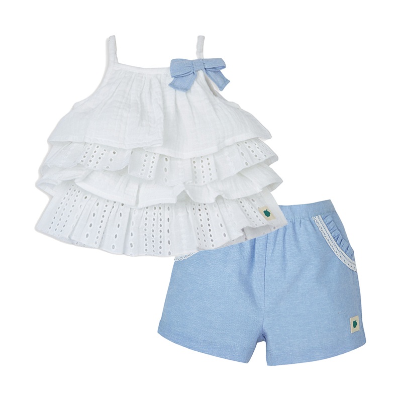 Mia Sky Tiered Top in Eyelet & Double Cloth with Chambray Shorts Set – White & Blue