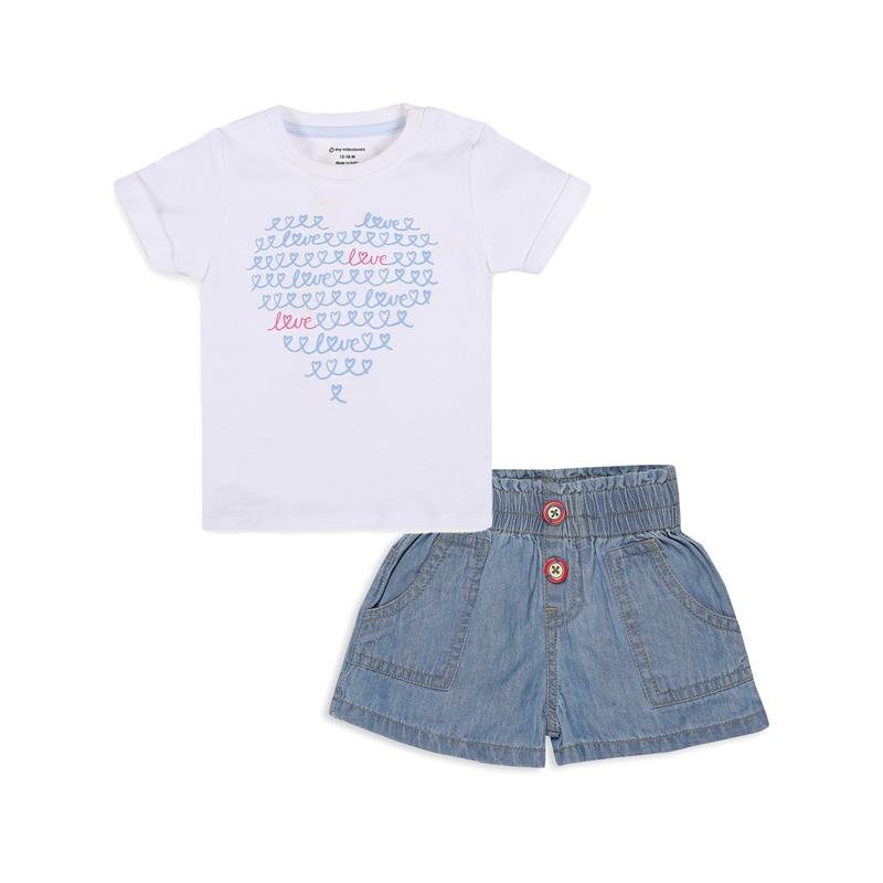 My Milestones 100% Cotton Baby Girl Printed Tee with Denim Shorts – White & Blue