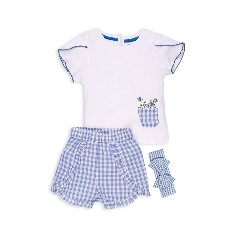 My Milestones 100% Cotton Tulip Sleeve Tee With Ruffle Gingham Shorts & Hairband – White & Blue