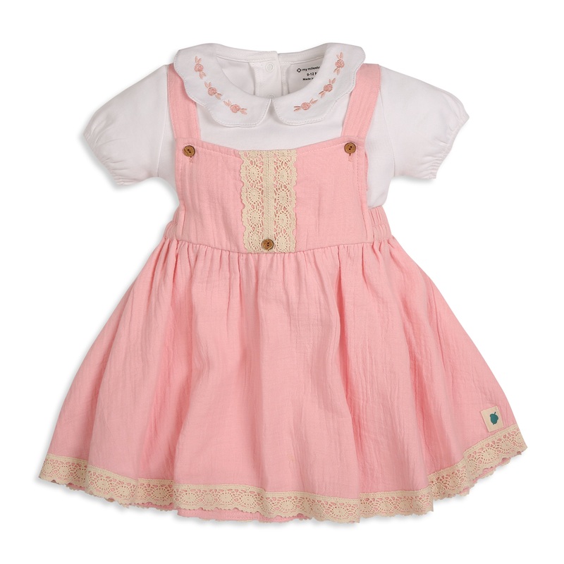 My Milestones Baby Girl Chlo Dungaree Dress With Crochet Details And Embroidered Tee – White & Pink