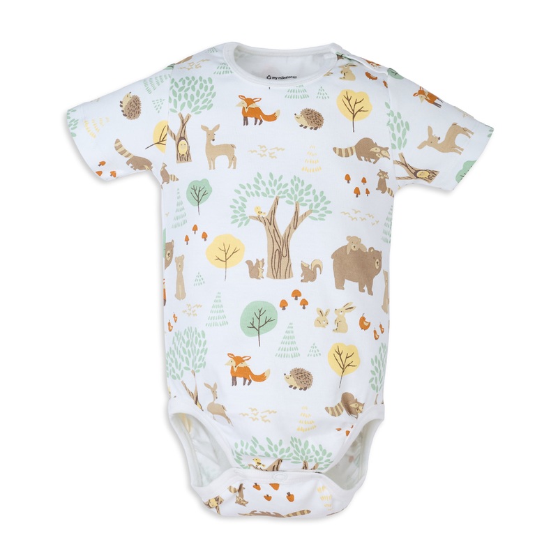 My Milestones Bio-Wash 100% Cotton Baby Boy Woodland Wonder Print Bodysuit – White