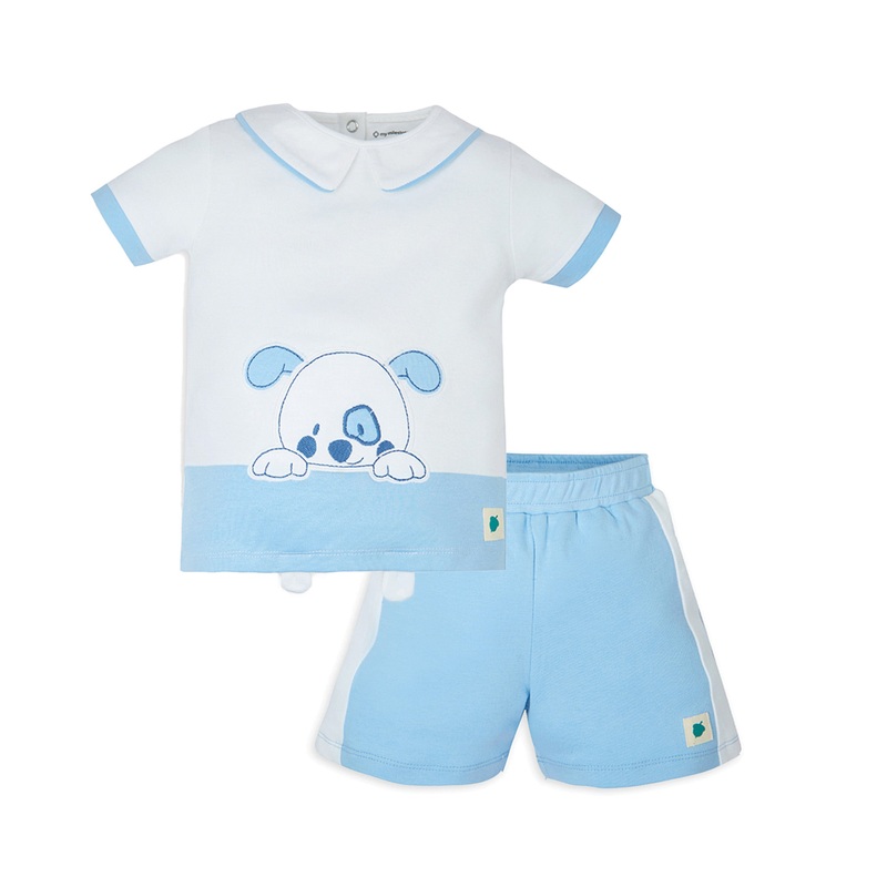 My Milestones Bio-Wash 100% Cotton Barnyard Dog Applique Embroidered Tee with Color Block Shorts – White & Blue