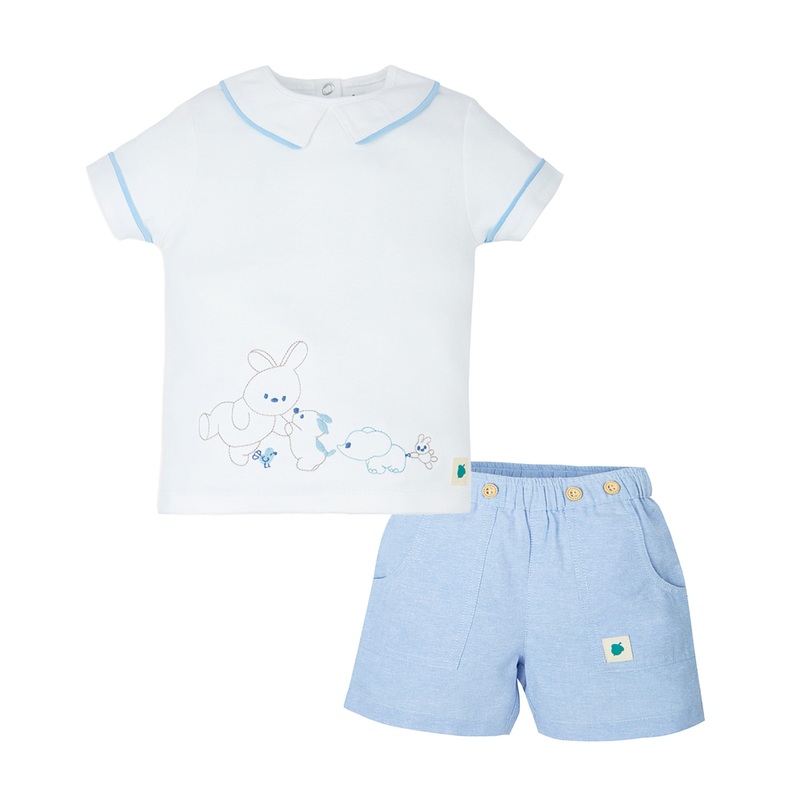 My Milestones Bio-Wash 100% Cotton Cute Animals Embroidered Tee with Chambray Shorts Set – White & Blue
