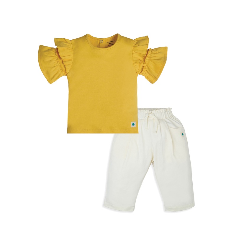 My Milestones Bio-Wash 100% Cotton Daffodil Ruffle Tee Jogger Co-ord Set – Yellow & Vanilla Ice