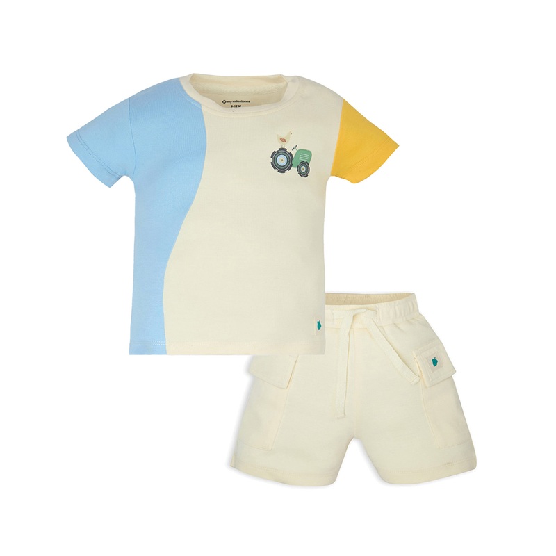 My Milestones Bio-Wash 100% Cotton Short Sleeves Color Block Tee with Matching Shorts and Farm Print – Multi