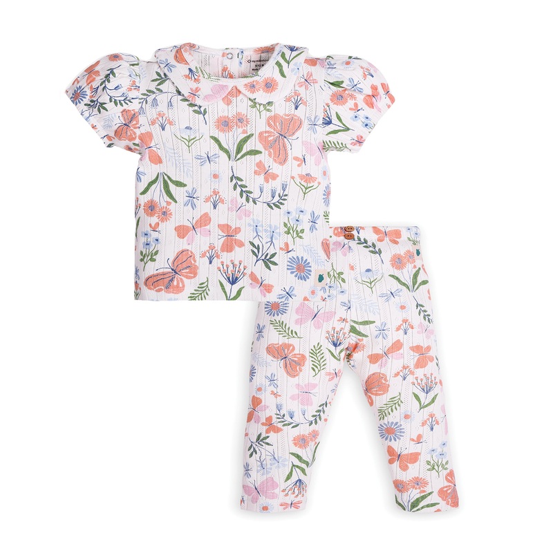 My Milestones Bio-Wash 100% Cotton Short Sleeves Enchanted Flora Print Pointelle Knit Tee & Leggings – Off White