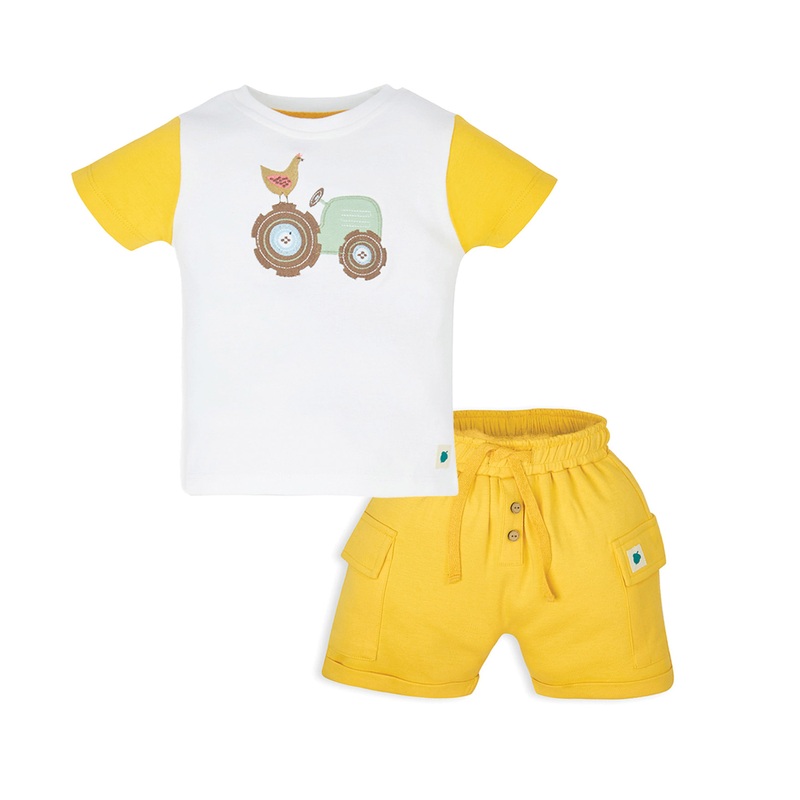 My Milestones Bio-Wash 100% Cotton Short Sleeves Farm Embroidered Applique Tee and Shorts with Pockets – White & Yellow