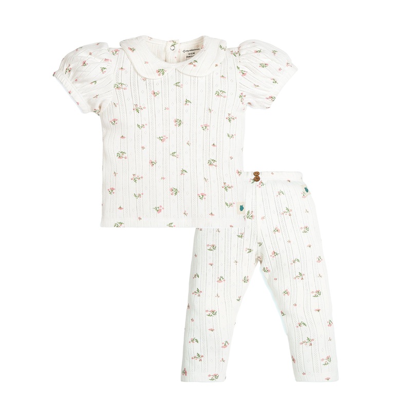 My Milestones Bio-Wash 100% Cotton Short Sleeves Petite Petal Print Pointelle Knit Tee & Legging Set – Pink