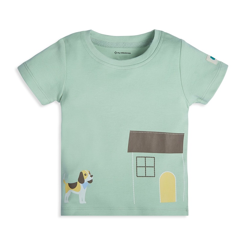 My Milestones Bio-Wash 100% Cotton Short Sleeves Tee with Barnyard Placement Print – Sage Green