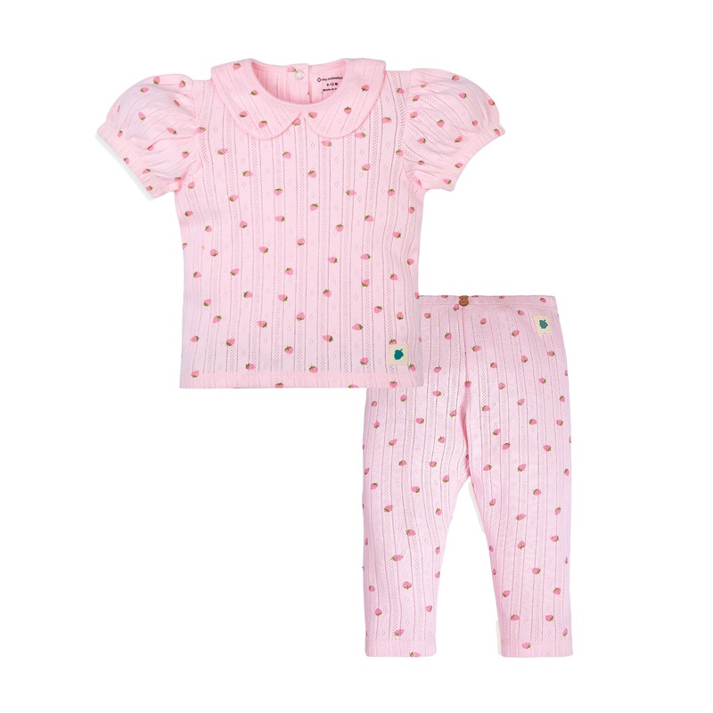 My Milestones Bio-Wash 100% Cotton Strawberry Print Pointelle Knit Tee & Legging Set – Pink