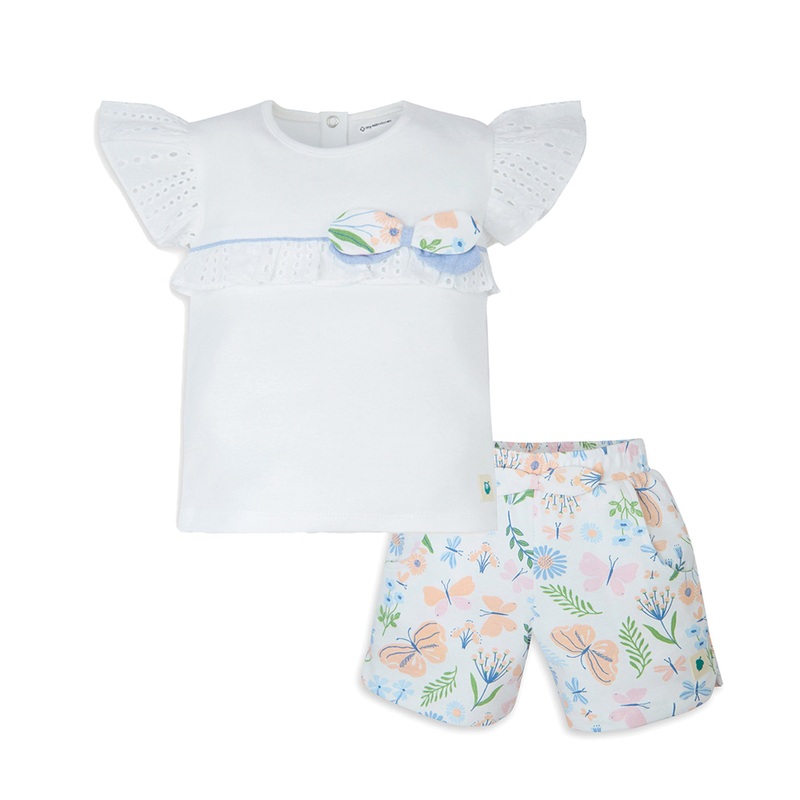 My Milestones Bio-Wash Eyelet Detail Short Sleeves Tee with Shorts in Enchanted Flora Print – White