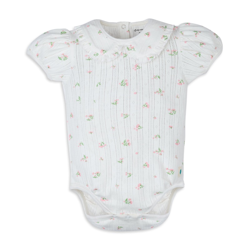 My Milestones Bio-Wash Pointelle Knit Short Puff Sleeves Ruffle Peter Pan Collar Onesie in Petite Petals Print – Off White