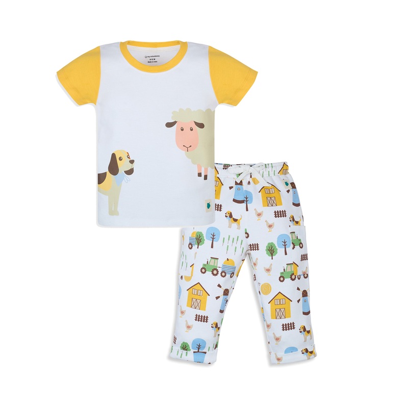 My Milestones Bio-Wash Short Sleeves Color Block Tee & Jogger Set with Barnyard Animal Placement Print – White