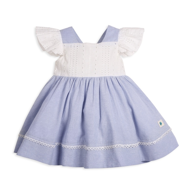 My Milestones Celeste Sky Pure Cotton Eyelet & Oxford Chambray Flared Dress with Lace Detail – White & Blue