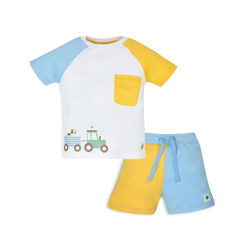 My Milestones Color Block Short Sleeves Bio-Wash Tee with Placement Print & Pocket, Matching Shorts Set – Multi