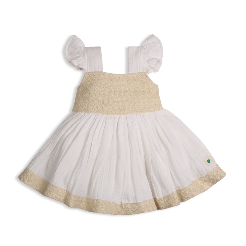 My Milestones Dove Crochet Yoke Dress in Double Cloth with Crochet Lace Details – White