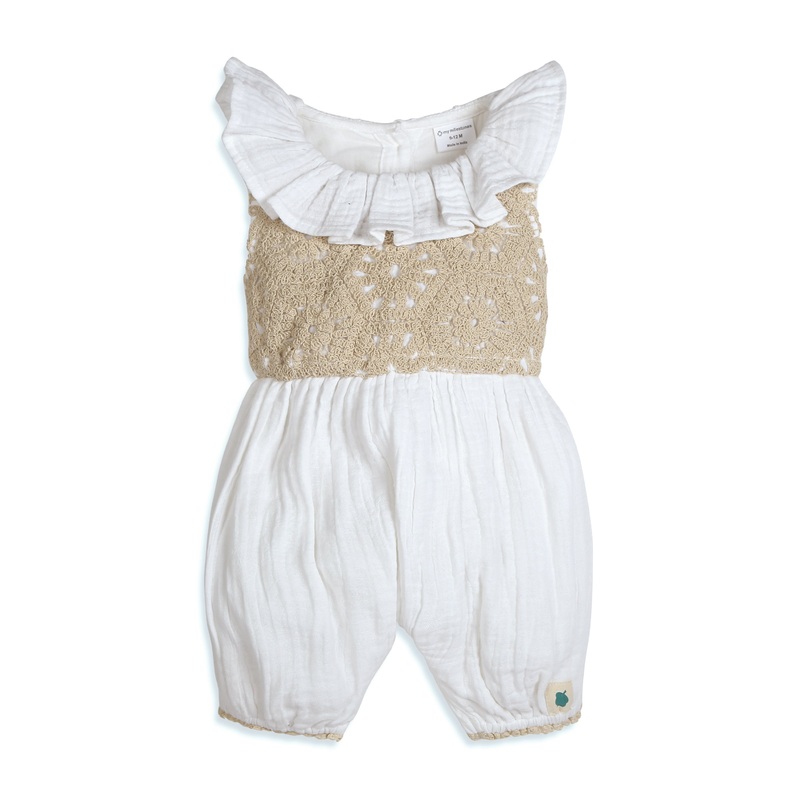 My Milestones Fawn Crochet Yoke Romper in Double Cloth with Ruffle Details – White