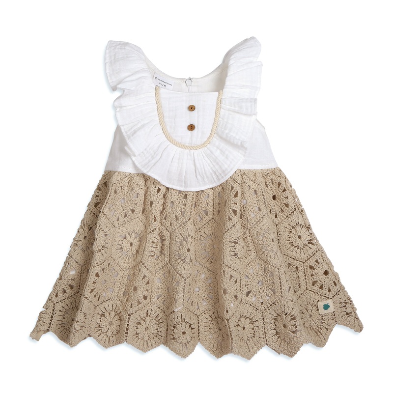 My Milestones Hazel Premium Crochet Dress with Ruffles at Yoke in Double Cloth – White & Beige