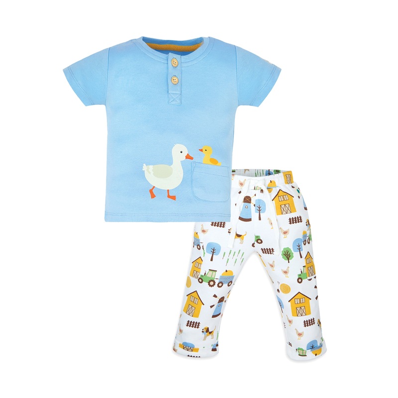 My Milestones Henley Front Open Bio-Wash Tee with Duck Print & Barnyard Print Joggers with Pockets – Blue & White
