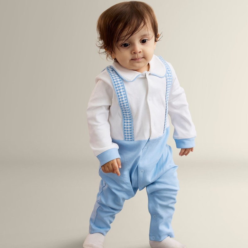 My Milestones Henry Full Sleeves Romper With Gingham Straps – Blue & White