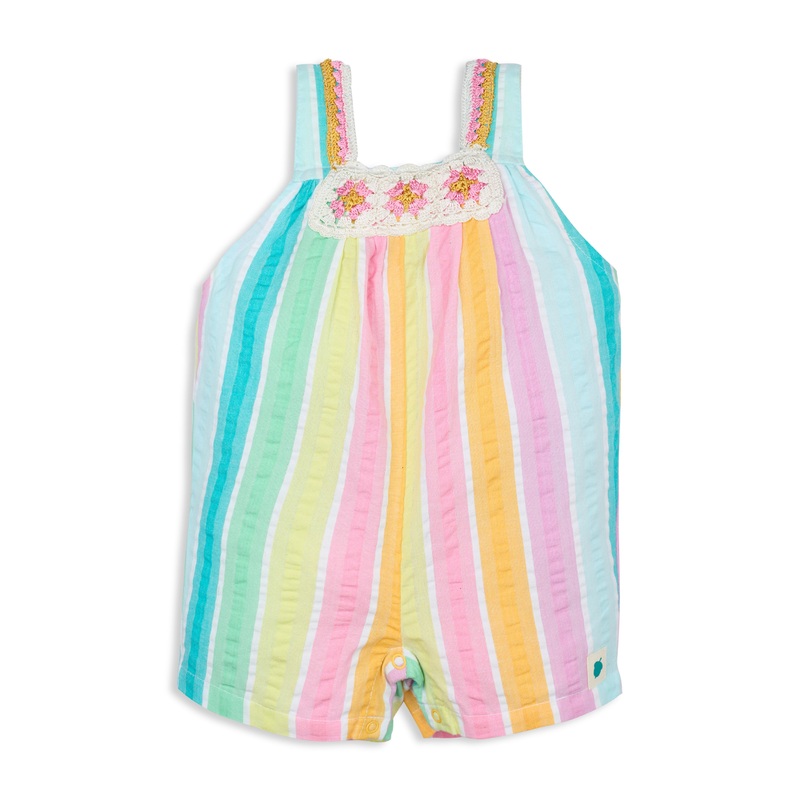 My Milestones Iris Handcrafted Crochet Detail Short Jumpsuit in Yarn-Dyed Rainbow Stripes Seersucker – Multicolour