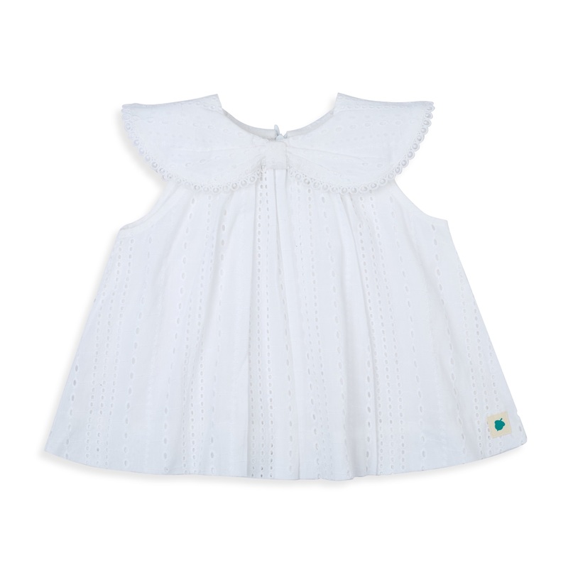 My Milestones Ivy Sky Pure Cotton Eyelet Sleeveless Top with Bow Detail Collar – White