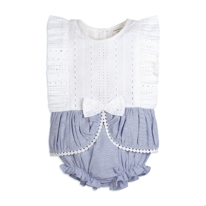 My Milestones Luna Sky Pure Cotton Eyelet Short Romper with Ruffles & Lace Details – White & Blue