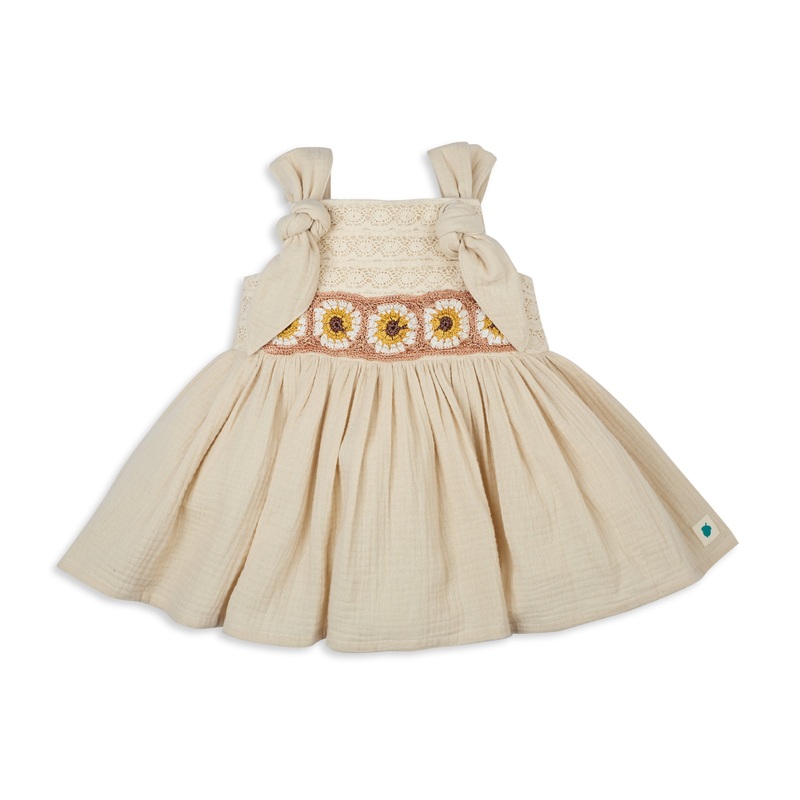 My Milestones Opal Handcrafted Crochet Double Cloth Dress with Knot Details – Beige