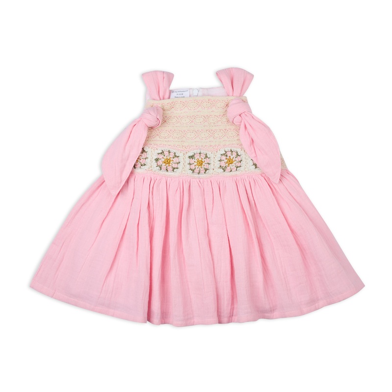 My Milestones Opal Handcrafted Crochet Double Cloth Dress with Knot Details – Pink