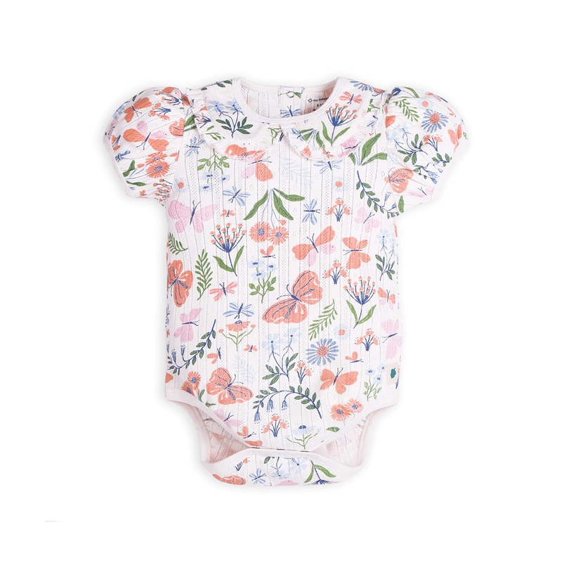 My Milestones Ruffle Peter Pan Collar Pointelle Onesie Enchanted Flora Print-Off White