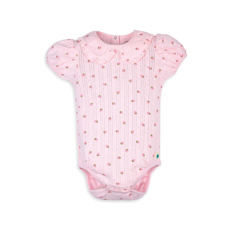 My Milestones Ruffle Peter Pan Collar Pointelle Onesie Strawberry Print – Pink