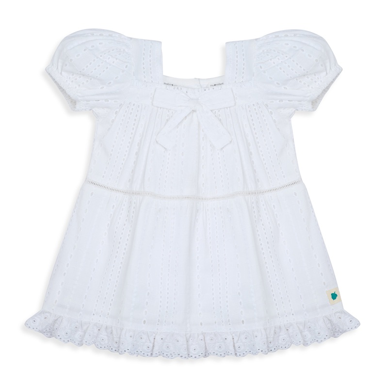 My Milestones Serenity Sky Pure Cotton Eyelet Short Sleeves Dress with Lace Details – White