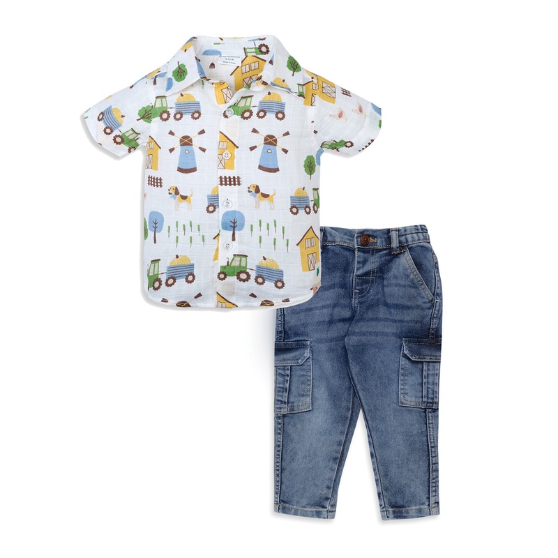 My Milestones Short Sleeves Front Open Soft Muslin Shirt with Barnyard Print and Pure Cotton Denims Set – White & Denim