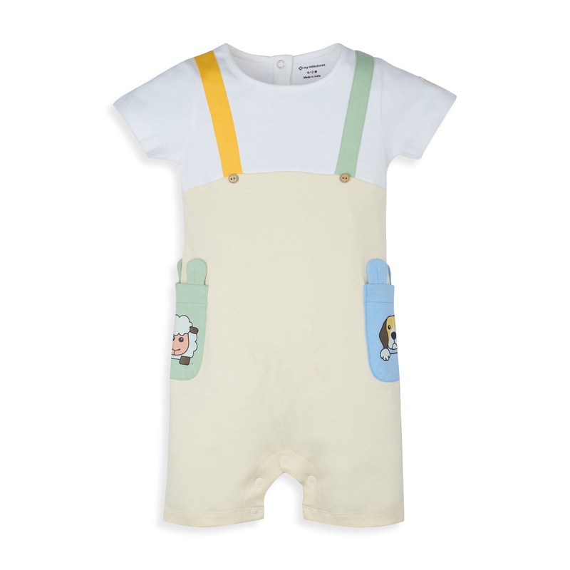 My Milestones Short Sleeves Romper With Color Block Details And Cute Animal Print – White & Ecru
