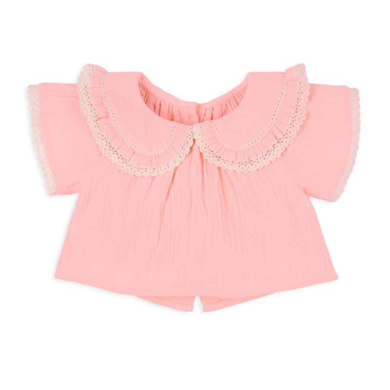 Peony Double Cloth Top with Crochet Lace Detail & Peter Pan Collar – Peach