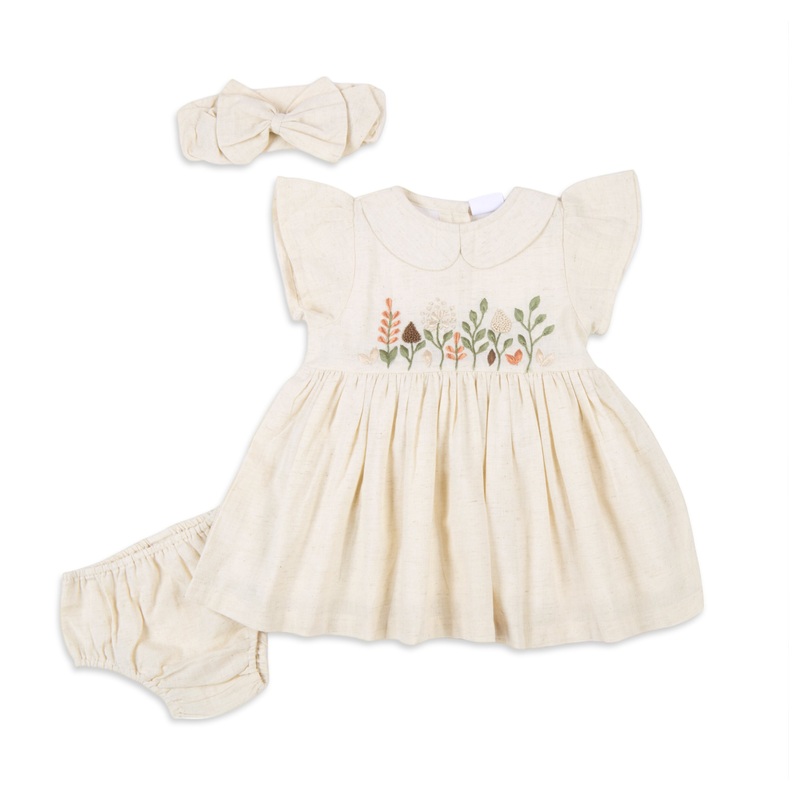 Peter Pan Collar Embroidery Dress With Bloomer & Hairband – Beige