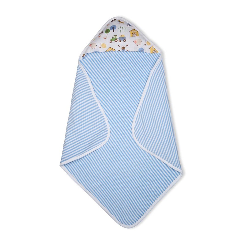 Premium Baby Hooded Towel Stripes Pattern With Barnyard Print Muslin Hood, Soft and Lightweight – Blue Bell