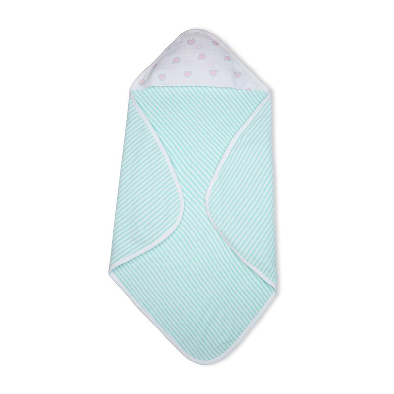 Premium Baby Hooded Towel Stripes Pattern With Heart Print Muslin Hood, Soft and Lightweight – Blue Tint