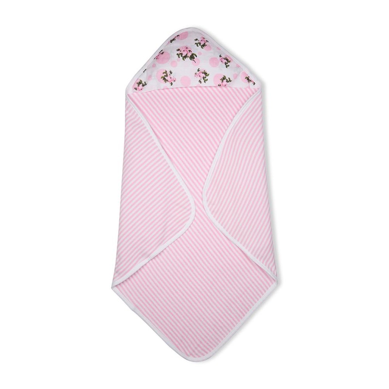 Premium Baby Hooded Towel Stripes Pattern With Tea Rose Print Muslin Hood, Soft and Lightweight – Pink
