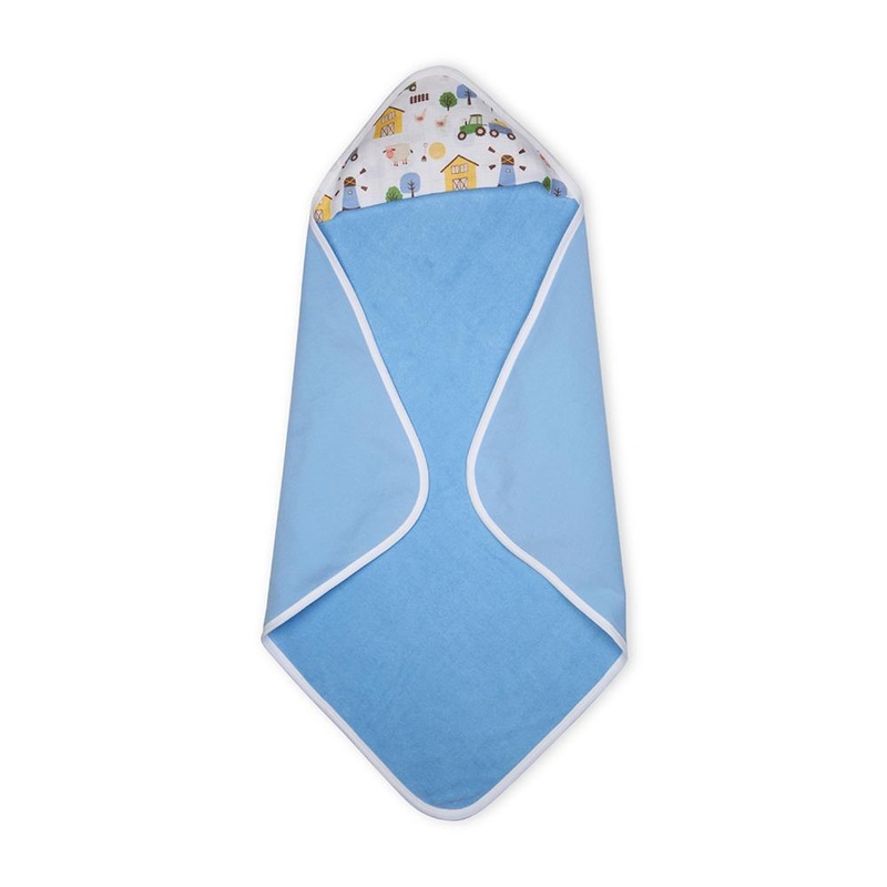 Premium Baby Hooded Towel With Barnyard Print Muslin Hood, Soft and Lightweight – Blue Bell