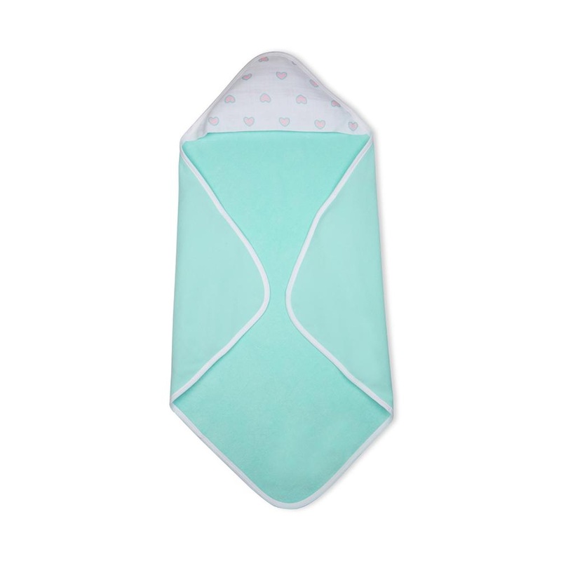 Premium Baby Hooded Towel With Heart Print Muslin Hood, Soft and Lightweight – Blue Tint