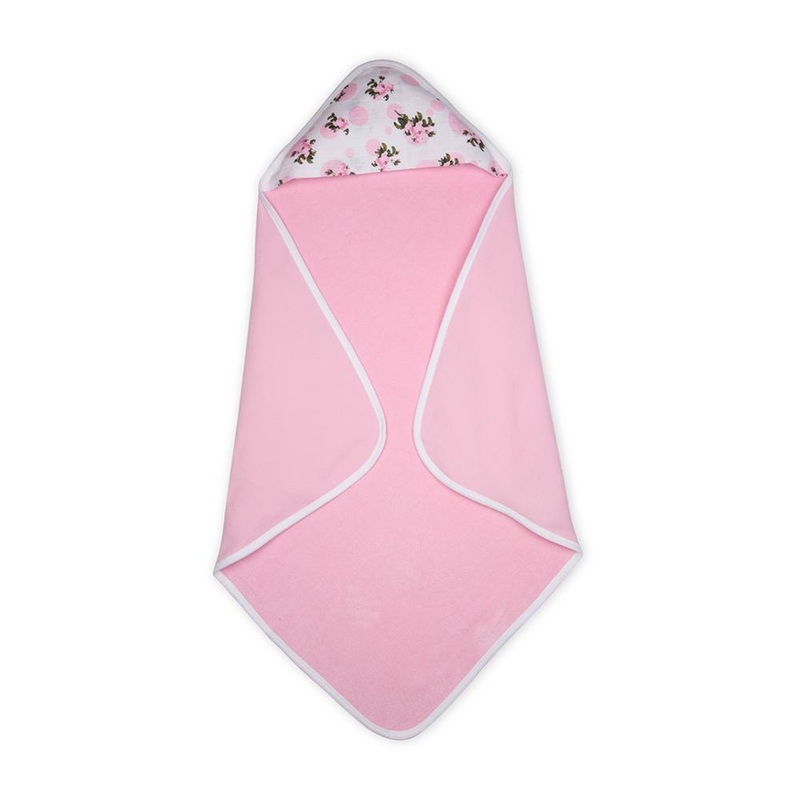 Premium Baby Hooded Towel With Tea Rose Print Muslin Hood, Soft and Lightweight – Pink