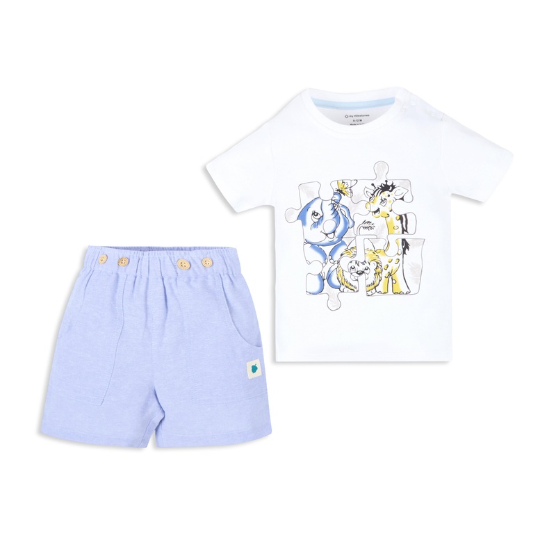 Printed Baby Boy Round Neck Tee with Chambray Shorts – White & Blue