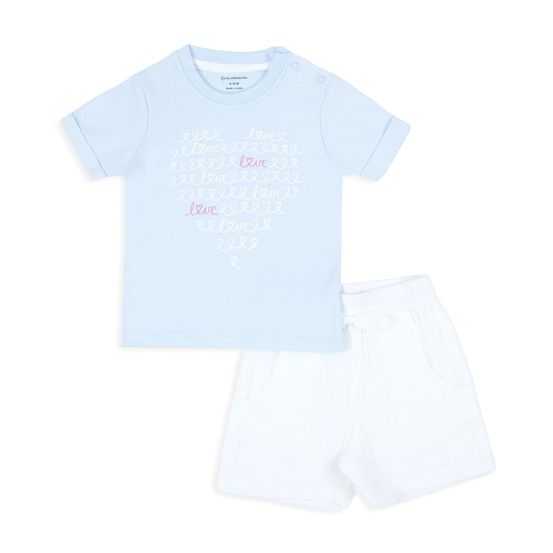 Printed Baby Girl Round Neck Tee With Double Cloth Woven Shorts – Baby Blue & White