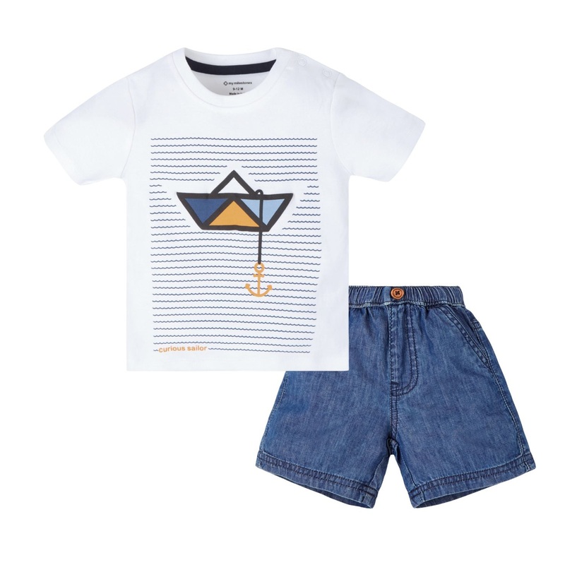 Puff Print Baby Boy Round Neck Tee with Denim Shorts – White & Blue
